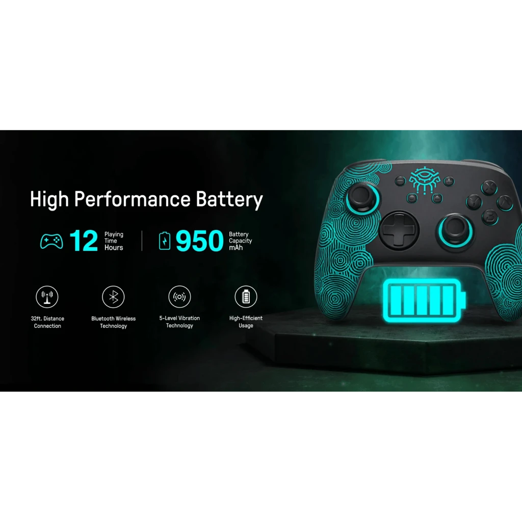 Mando inalámbrico FUNLAB Firefly Pro - Edición Zonai RGB con luz turquesa, patrones tribales, batería 950 mAh, 12 h de juego, Bluetooth y vibración