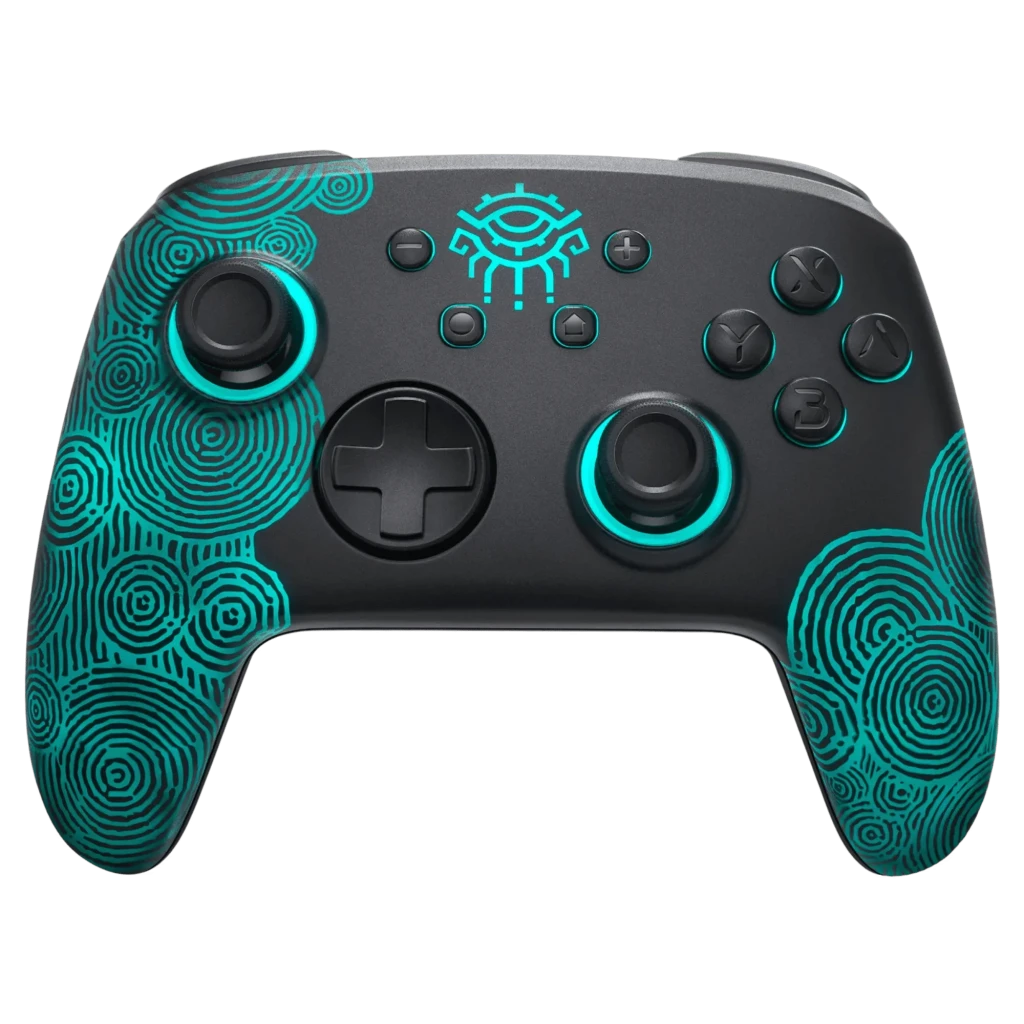 Mando inalámbrico FUNLAB Firefly Pro - Edición Zonai RGB con carcasa negra, motivos turquesa tribales, joysticks y botones iluminados, cruceta metálica