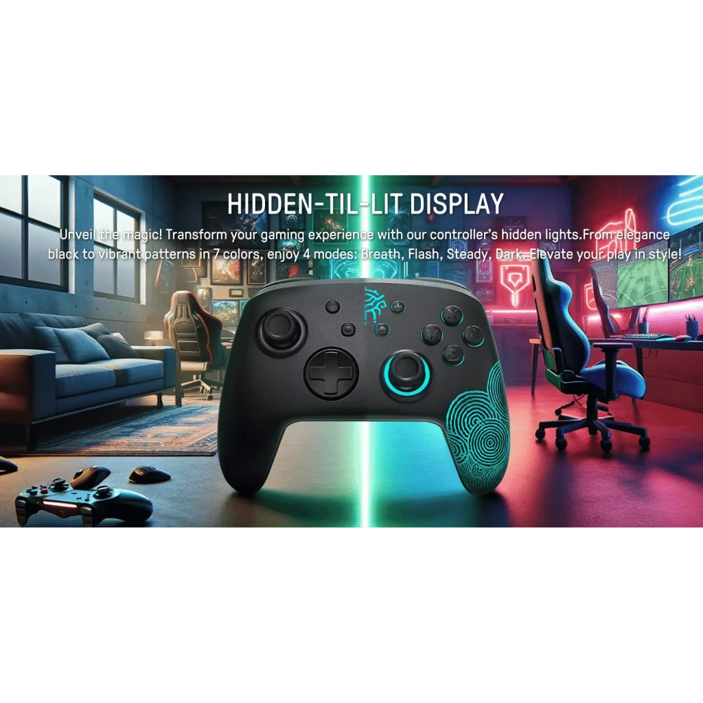 Mando inalámbrico FUNLAB Firefly Pro - Edición Zonai RGB con luces ocultas en 7 colores, 4 modos de brillo, diseño negro con patrón verde brillante en el