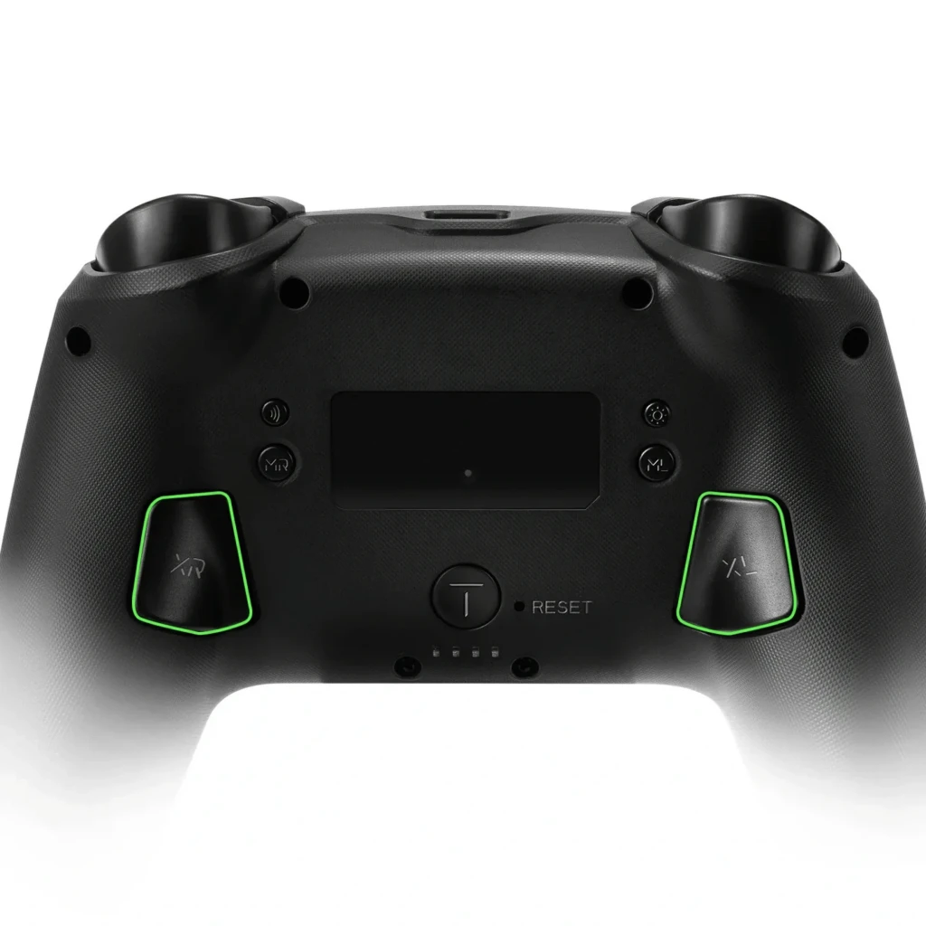Mando inalámbrico FUNLAB Firefly Pro - Edición Zonai RGB con carcasa negra texturizada, botones traseros programables XR y AL con bordes LED verdes