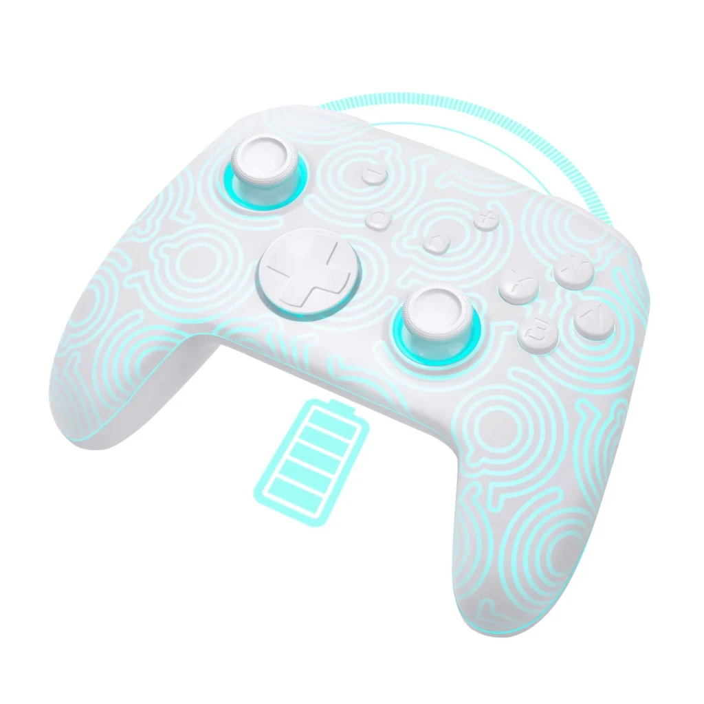 Mando inalámbrico FUNLAB Firefly Pro - Edición Kakariko RGB en blanco con patrones turquesa, sticks y cruceta blancos, detalles iluminados y batería