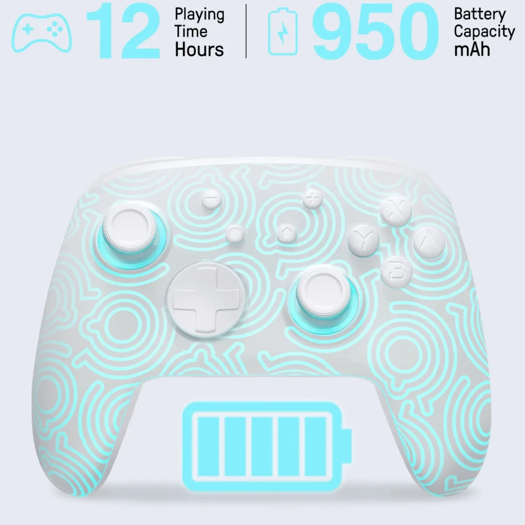 Mando inalámbrico FUNLAB Firefly Pro - Edición Kakariko RGB, blanco con patrones turquesa, botones retroiluminados, 12 h de juego y batería 950 mAh