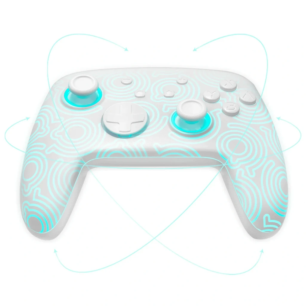 Mando inalámbrico FUNLAB Firefly Pro - Edición Kakariko RGB en blanco con patrón luminiscente, joysticks y botones retroiluminados, agarres ergonómicos