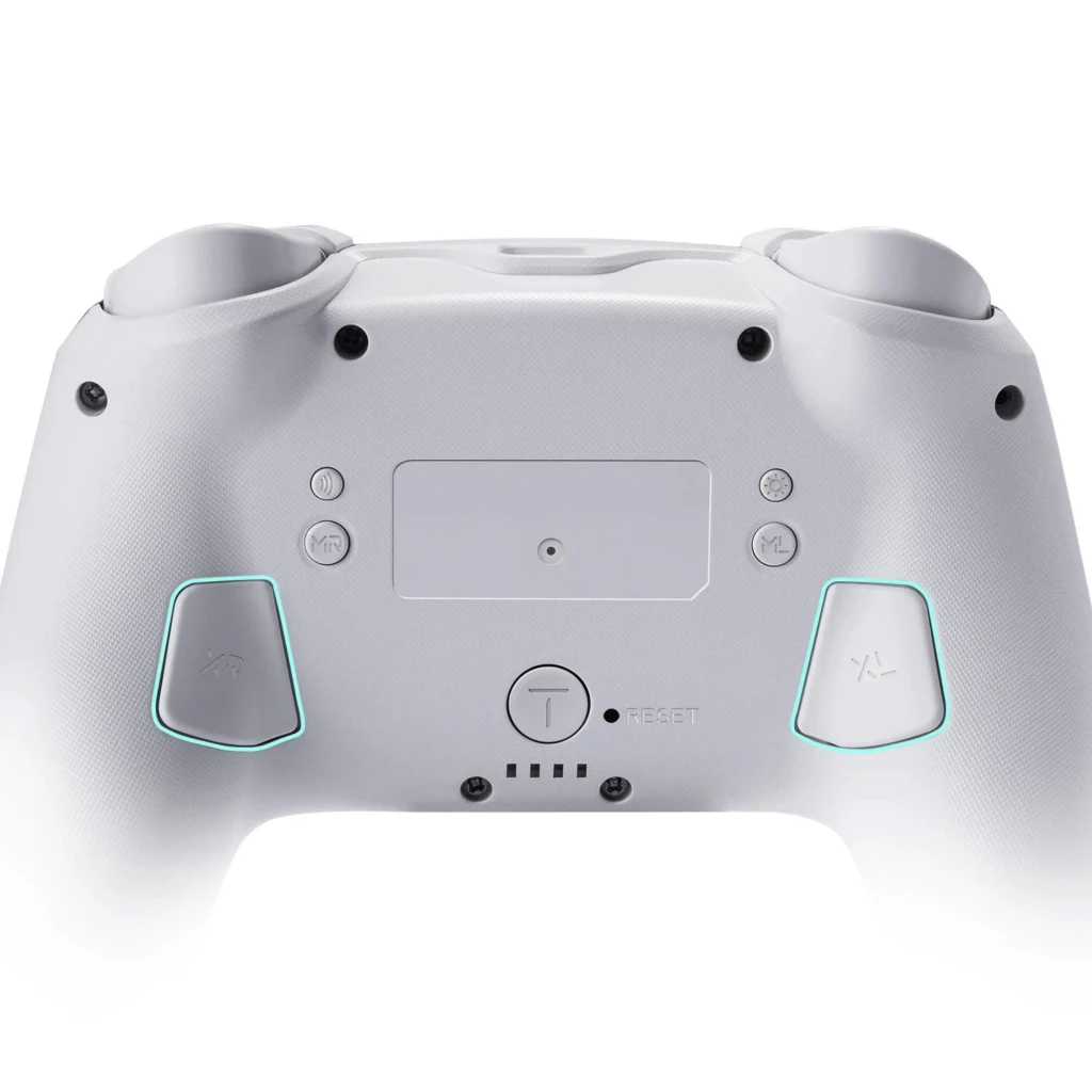 Mando inalámbrico FUNLAB Firefly Pro Edición Kakariko RGB en blanco, vista trasera con dos botones programables XL y XR iluminados, textura antideslizante