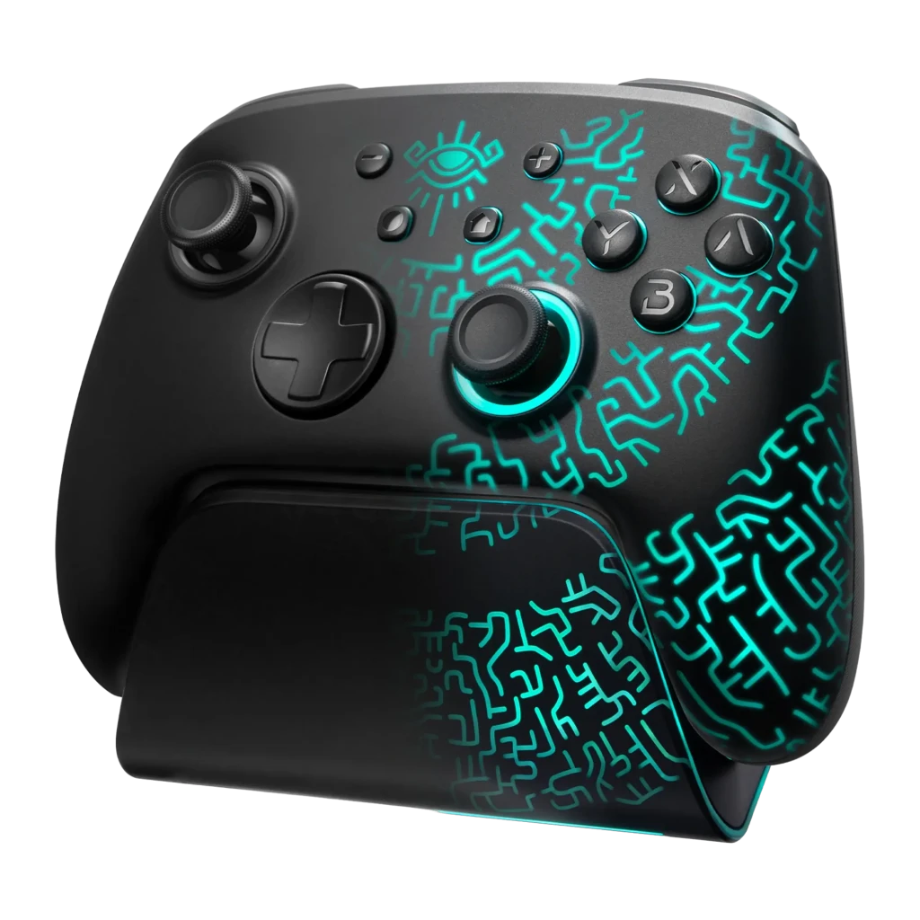 Mando FUNLAB Luminex Pro Wireless Switch Controller Inalámbrico negro con grabados luminosos turquesa, botones ABXY, cruceta, joysticks y base de carga