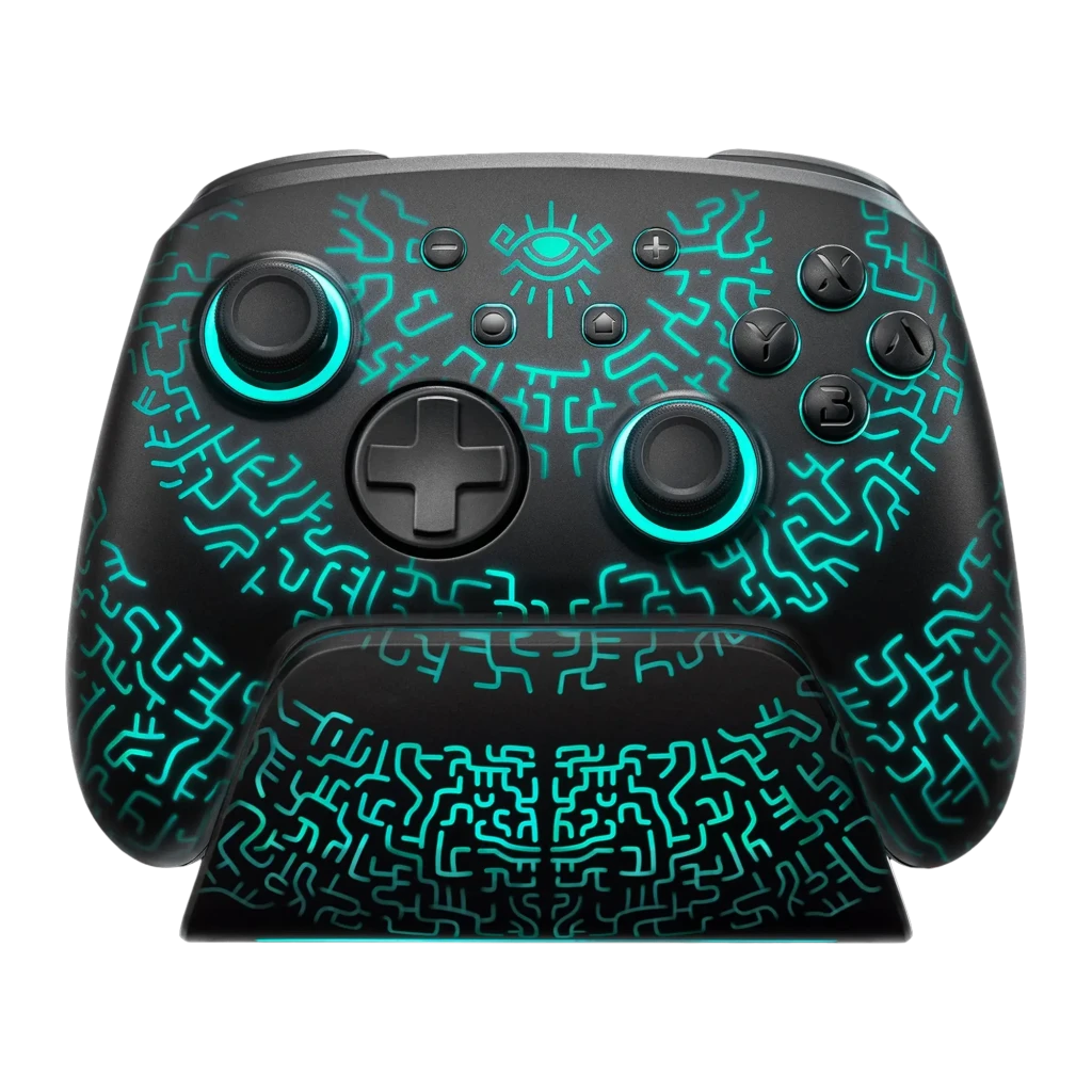 Mando FUNLAB Luminex Pro Wireless Switch Controller Inalámbrico negro con luces turquesa, patrón luminoso tribal, sticks y botones retroiluminados, base a