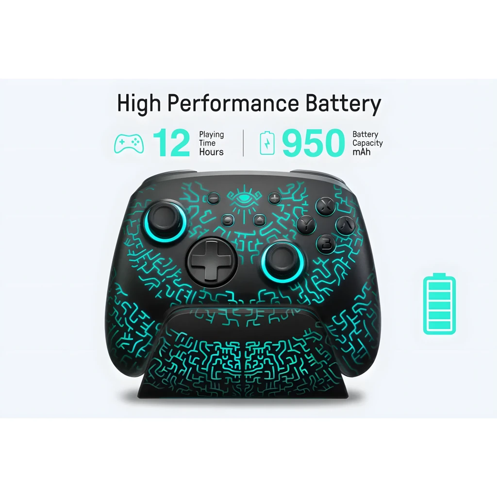 Mando FUNLAB Luminex Pro Wireless Switch Controller Inalámbrico con luz azul turquesa, botones ABXY, cruceta, joysticks dobles y base de carga incluida