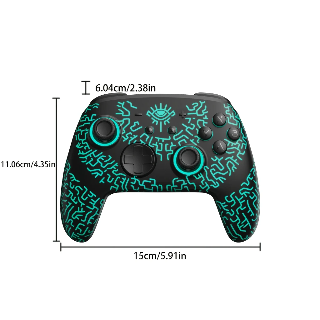 Mando FUNLAB Luminex Pro Wireless Switch Controller Inalámbrico negro con patrón luminoso turquesa, sticks simétricos, cruceta, botones ABXY y medidas