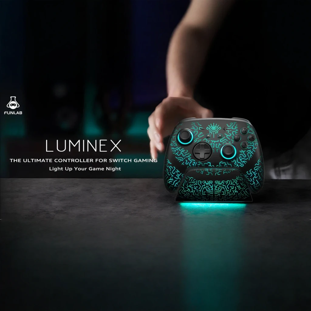 Mando FUNLAB Luminex Pro Wireless Switch Controller Inalámbrico con luces LED turquesa, diseño tribal brillante, base iluminada y botones ABXY negros