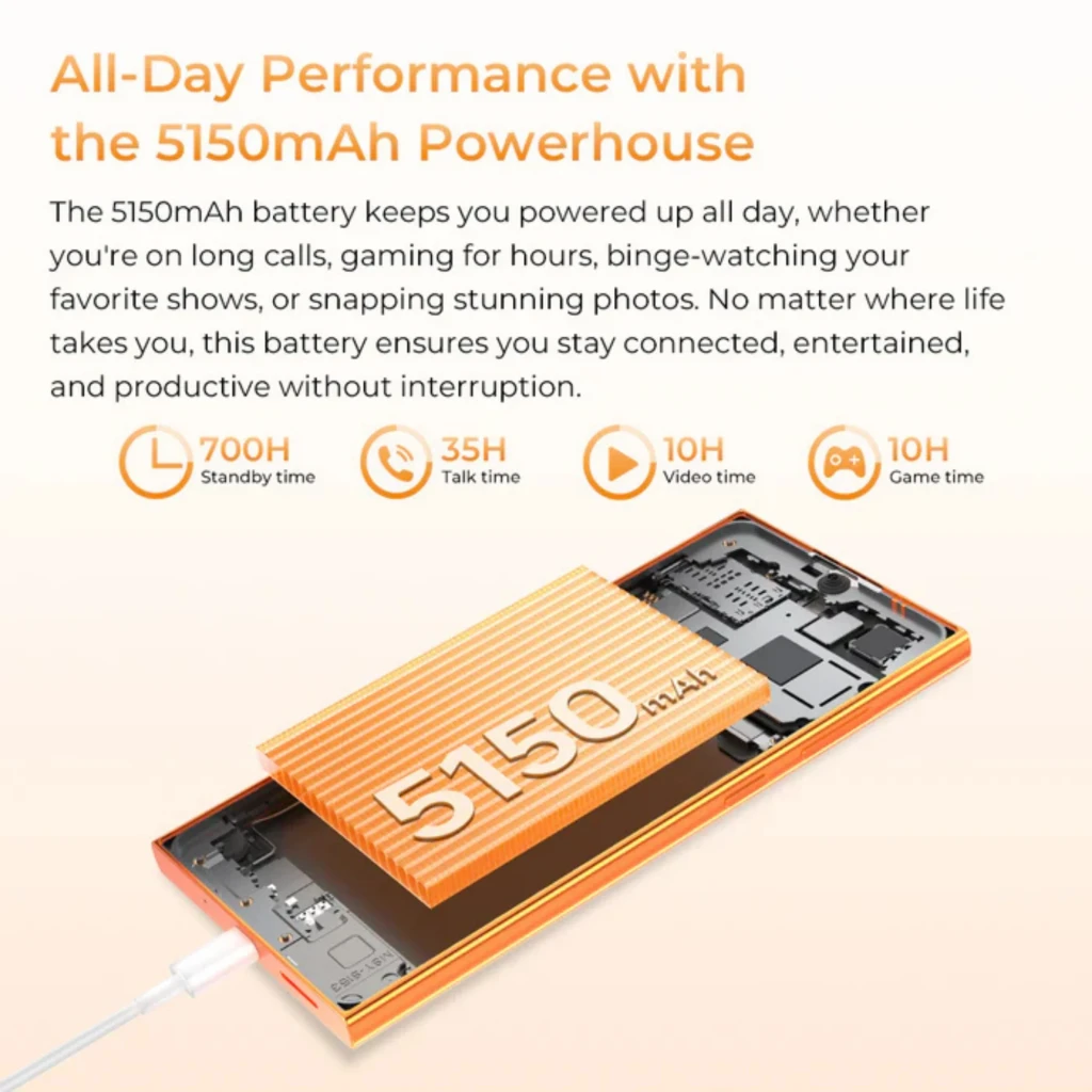 Batería 5150 mAh destacada en módulo interno del Oukitel C72 4G Negro, diseño naranja con celdas y placa expuesta, enfoque en autonomía prolongada