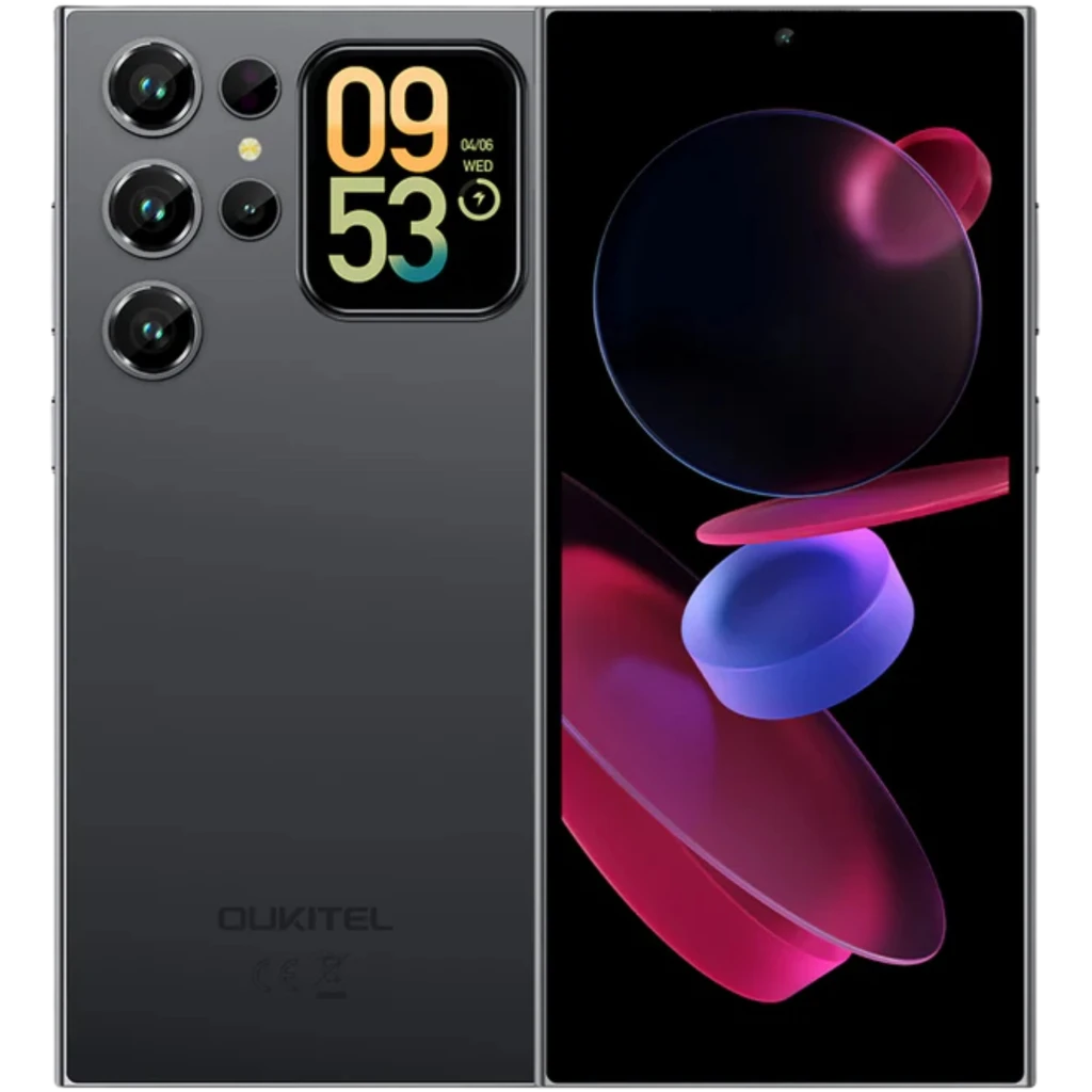 Oukitel C72 4G negro con pantalla amplia sin bordes, cámara trasera cuádruple con módulos grandes, frontal con perforación central y diseño elegante