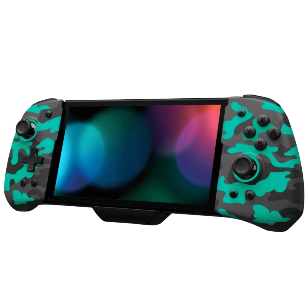 Mando FUNLAB Luminpad Gripcon inalámbrico para Switch con agarres laterales camuflaje negro y verde, sticks duales, cruceta y botones ABXY visibles