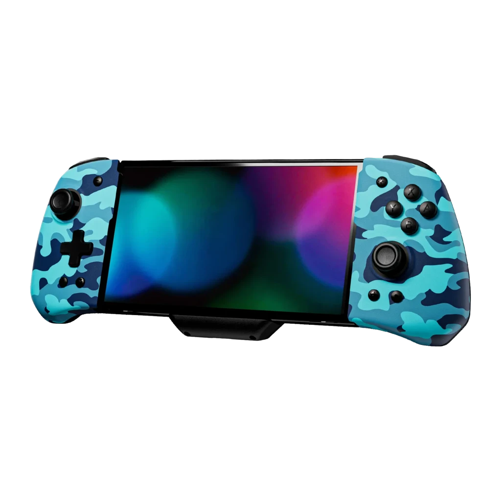 Control inalámbrico tipo grip para Switch y OLED con diseño camuflaje azul, sticks duales, cruceta y botones completos, compatible con modo portátil