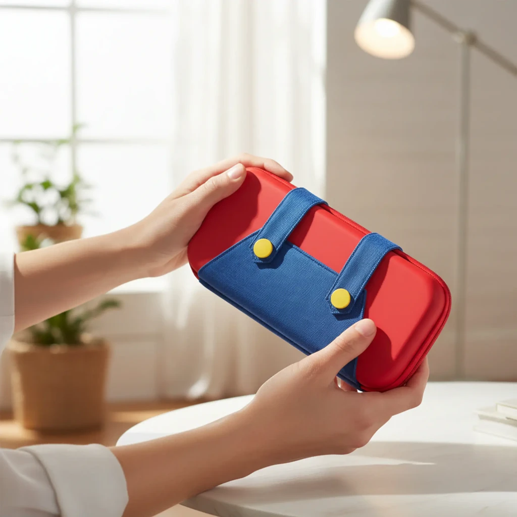 Funda FUNLAB Funcase for Switch 2: carcasa rígida roja y azul con correas frontales azules y broches amarillos, diseño compacto y protector para Nintendo