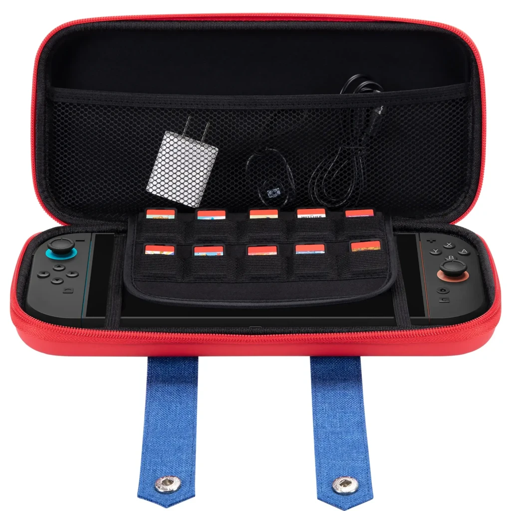 Funda FUNLAB Funcase for Switch 2 carcasa rígida roja con cremallera, interior acolchado, bolsillo de malla, ranuras para 10 tarjetas y espacio para consola y