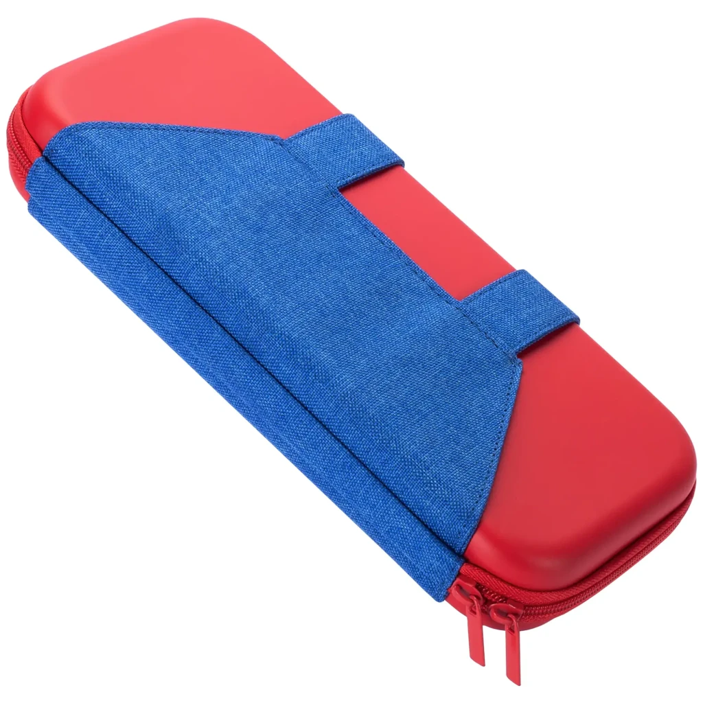 Funda FUNLAB Funcase for Switch 2: carcasa rígida roja con banda elástica azul, cremalleras dobles y diseño compacto para proteger la Nintendo Switch 2