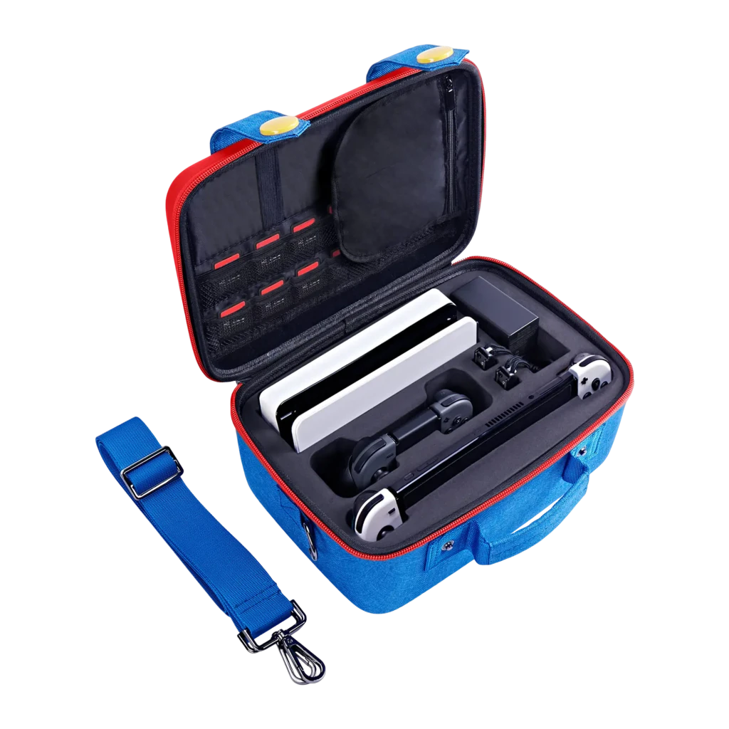 Funda de transporte FUNLAB Games Guardian Switch 2 Travel Case en azul y rojo con correa; interior acolchado con compartimentos para consola, dock y accesorios