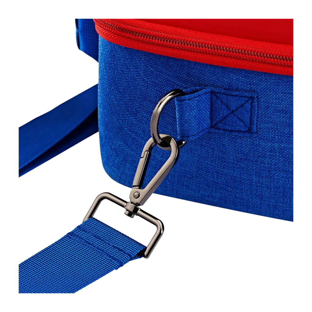 Funda de transporte FUNLAB Games Guardian Switch 2 Travel Case con tela azul, cremallera roja, correa ajustable y mosquetón metálico resistente