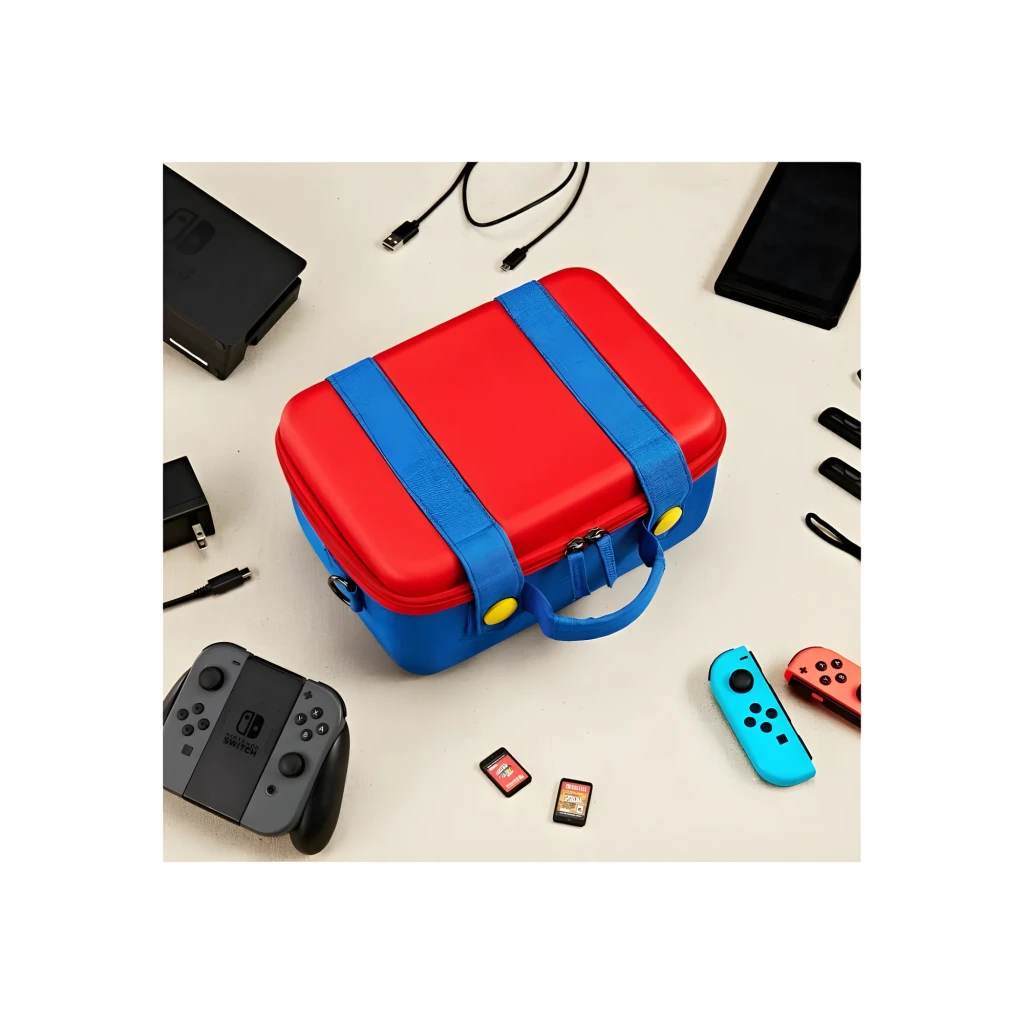 Funda de transporte roja y azul con asa, correas frontales y cremalleras amarillas; estuche rígido para Nintendo Switch con espacio para mandos y cartuchos