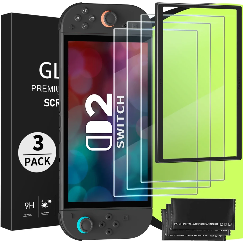 Protector de pantalla FUNLAB para Switch 2 con 3 láminas de vidrio templado 9H, marco guía de instalación y kit de limpieza; cubre y protege toda la pantalla