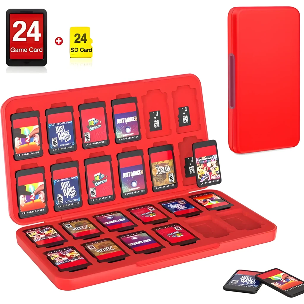 Estuche Funlab Switch Game Storage 24 Card Slots rojo, compacto y rígido, con bandeja interior para 24 cartuchos y 24 tarjetas microSD, cierre seguro