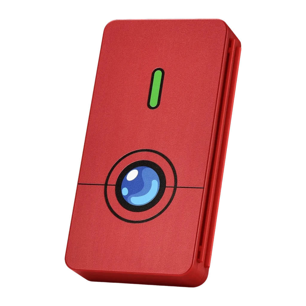 Funda FUNLAB Switch Game Storage 48 Card Slots en rojo con diseño tipo Pokédex, cierre magnético y ranura verde, compacta para 48 tarjetas de juego