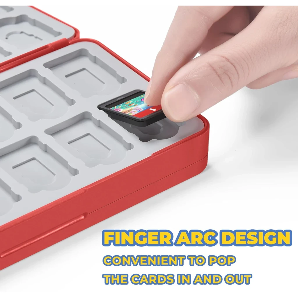 Funda FUNLAB Switch Game Storage 48 Card Slots en rojo con bandeja gris para 48 cartuchos y diseño de arco para dedo que facilita insertar y extraer tarjetas