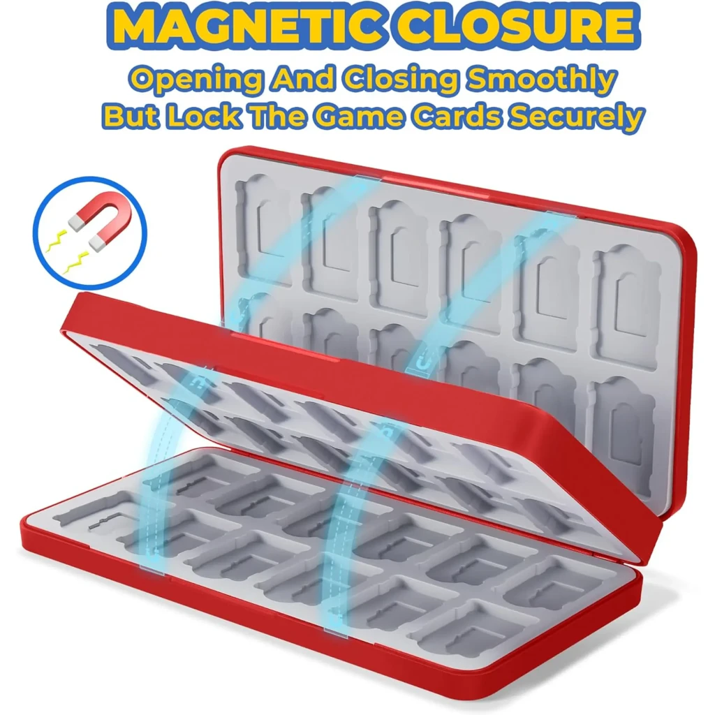 Funda FUNLAB Switch Game Storage 48 Card Slots en rojo con cierre magnético y bandejas grises moldeadas para 48 tarjetas, diseño compacto y protector