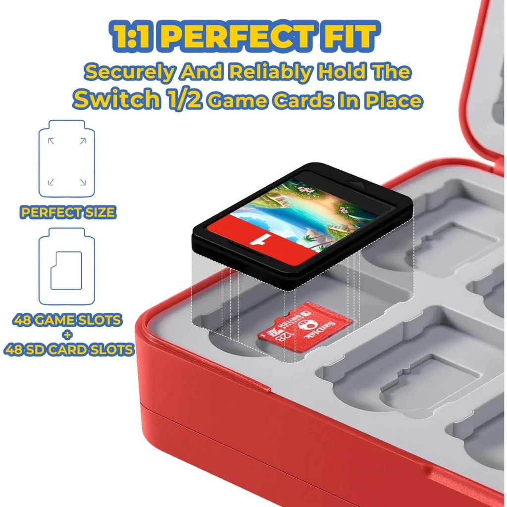Funda FUNLAB Switch Game Storage 48 Card Slots roja con insertos grises, cierre compacto y ranuras para 48 tarjetas de juego y 48 microSD, ajuste 1:1