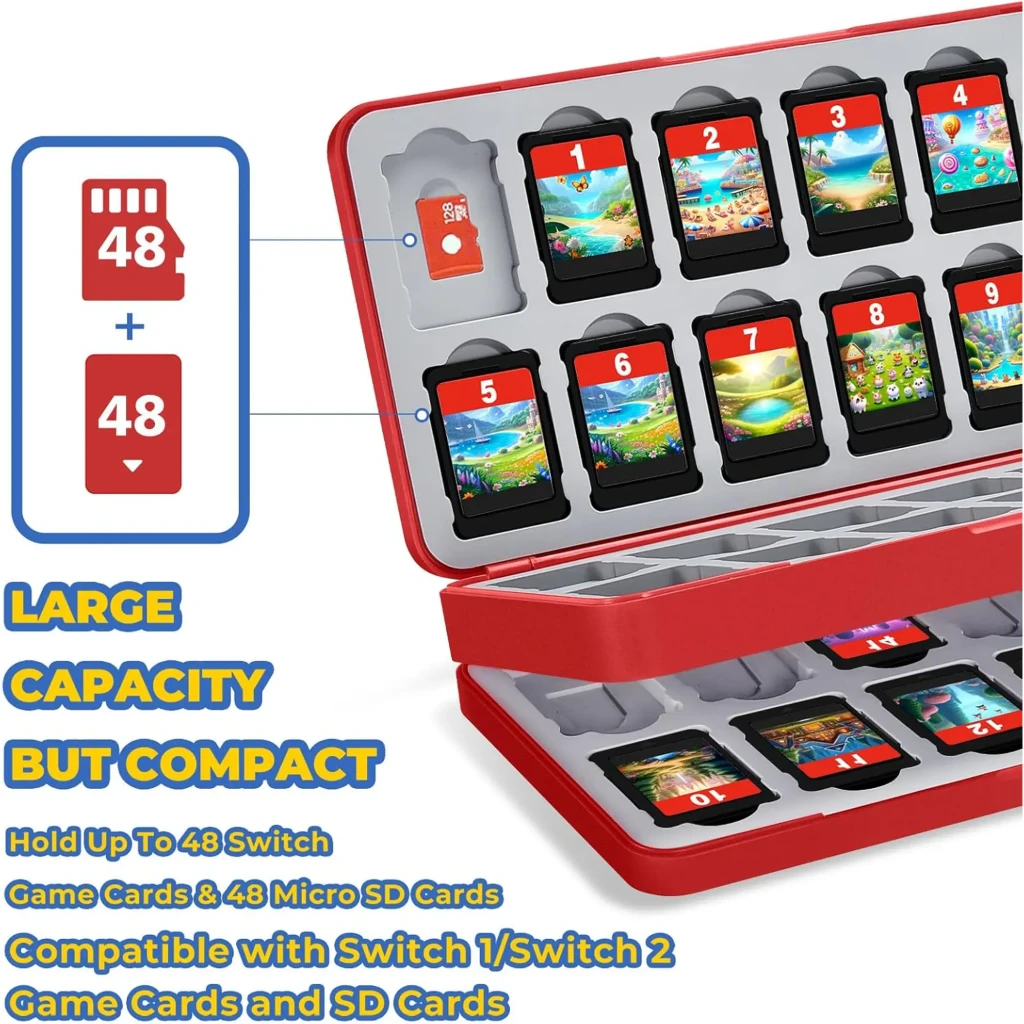 Funda FUNLAB Switch Game Storage 48 Card Slots roja con bandejas grises; almacena 48 cartuchos y 48 microSD, diseño compacto y compatible con Switch 1 y 2
