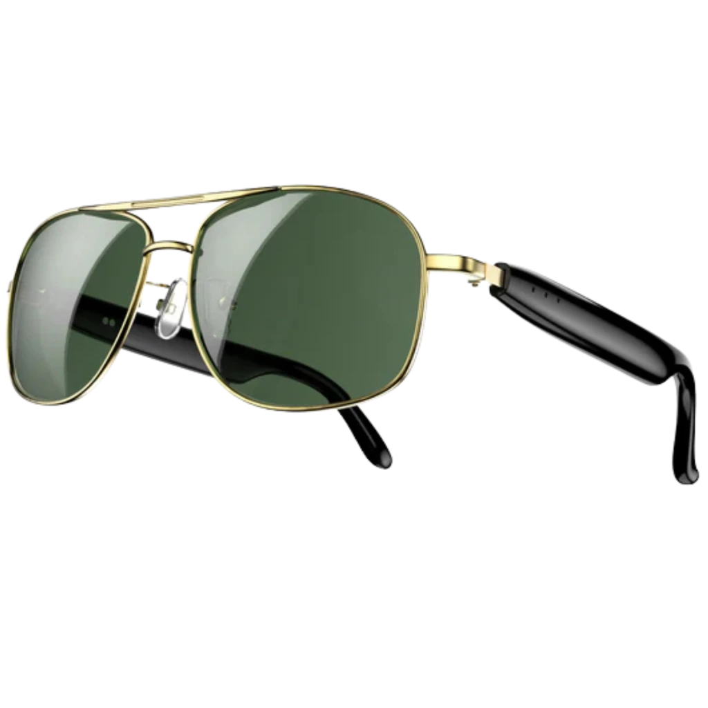 Blackview D1 Pro Gafas Inteligentes Gold con montura aviador dorada, lentes verdes, puente doble, plaquetas nasales ajustables y patillas negras brillantes