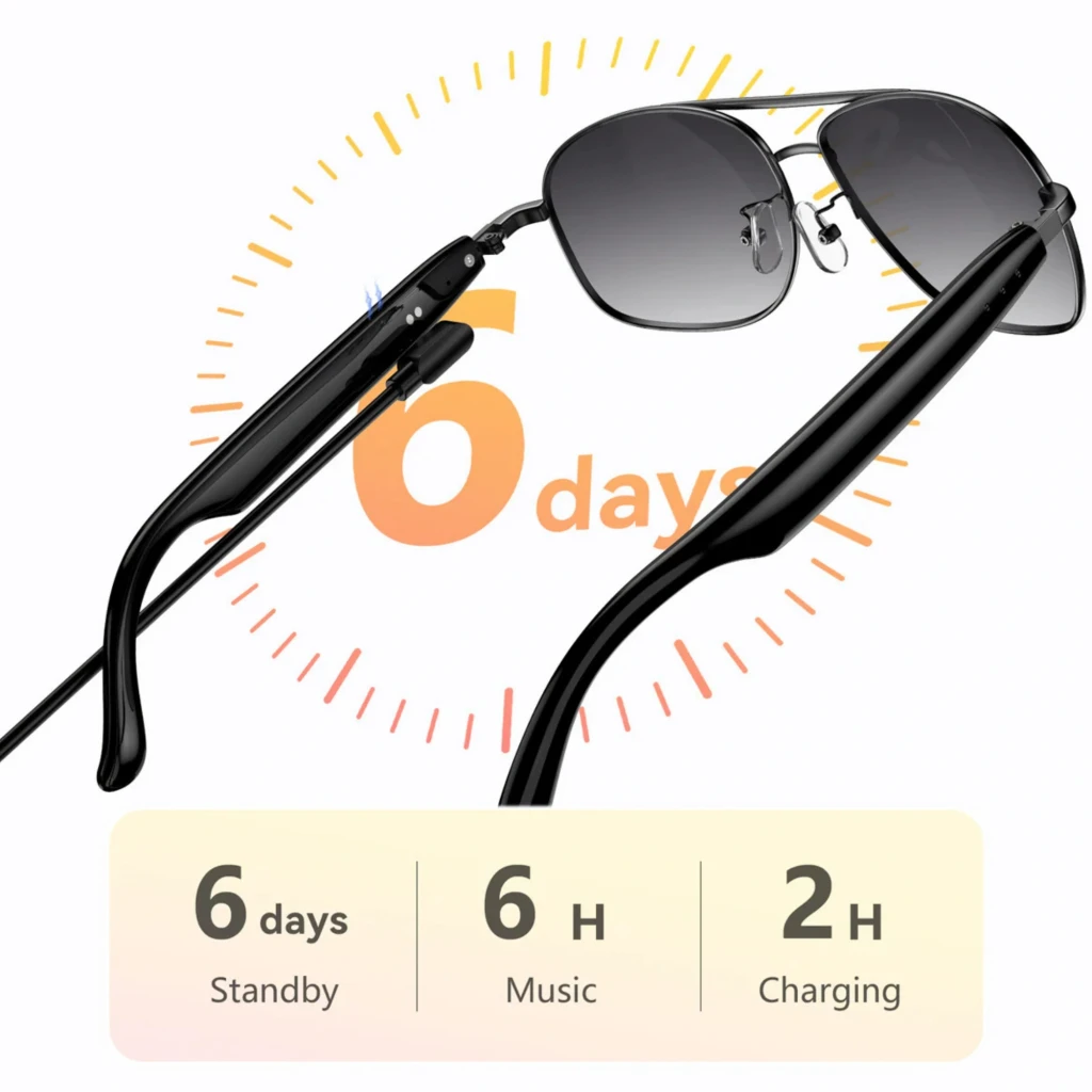 Blackview D1 Pro Gafas Inteligentes Black con patillas gruesas y cable de carga, lentes grises degradados, 6 días en espera, 6 h de música, 2 h de carga