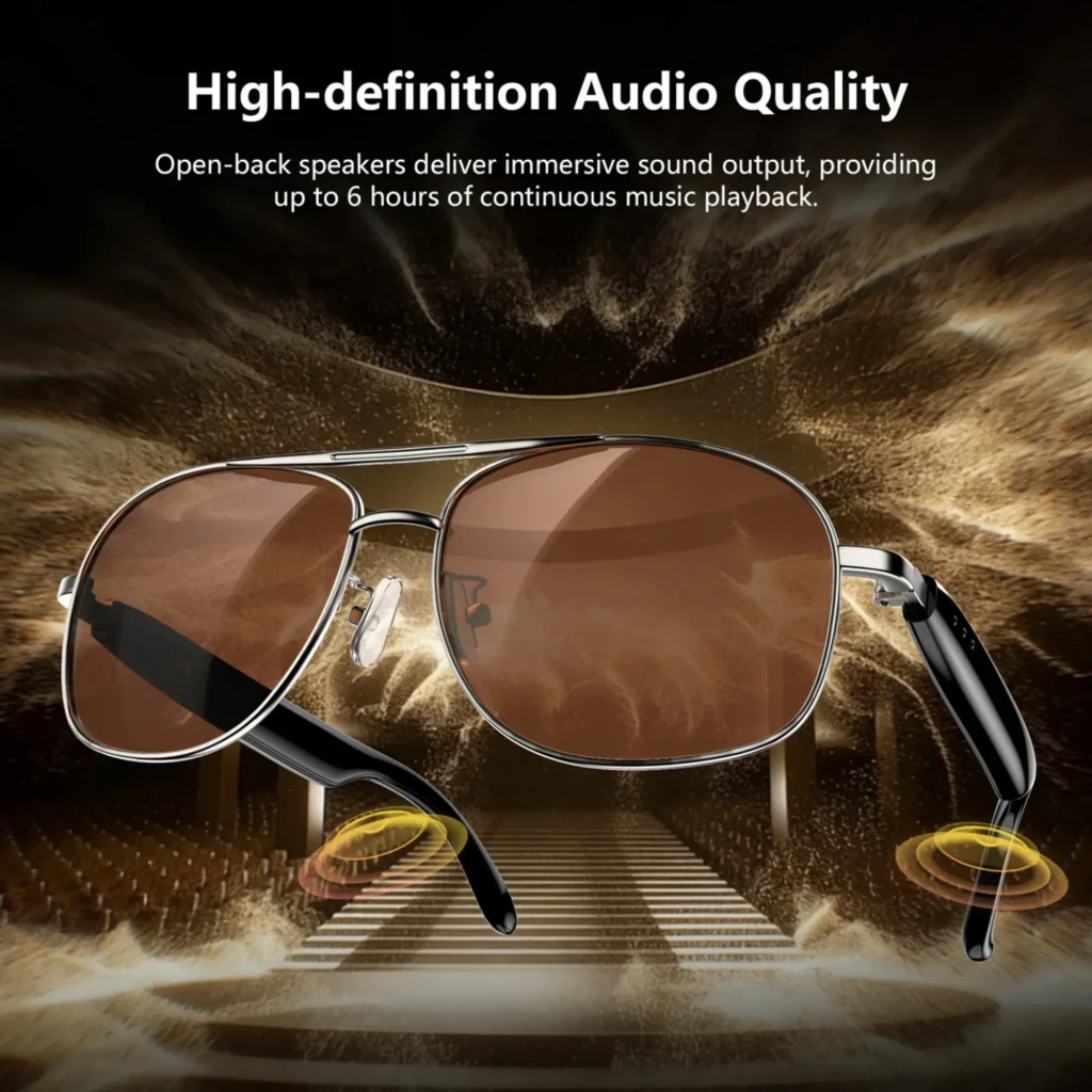 Blackview D1 Pro Gafas Inteligentes Black con marco metálico plateado, lentes marrones, patillas negras brillantes y altavoces abiertos para audio inmersivo