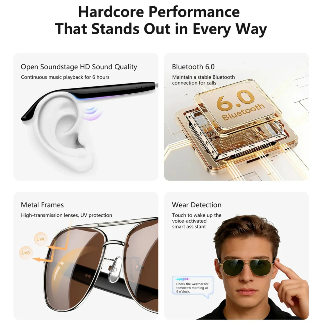 Blackview D1 Pro Gafas Inteligentes Black con audio HD abierto 6 h, Bluetooth 6.0, montura metálica con lentes UV y detección de uso táctil