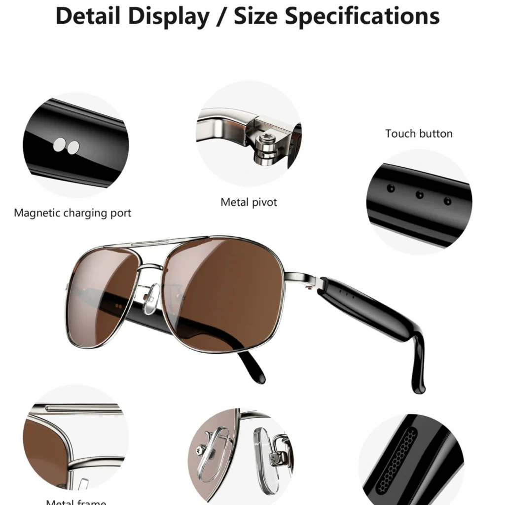 Blackview D1 Pro Gafas Inteligentes Black con montura metálica plateada, lentes marrones, patillas negras, botón táctil, bisagra metálica y puerto