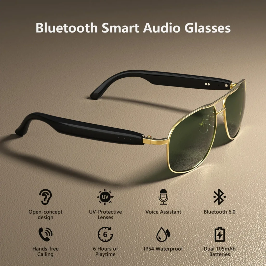 Blackview D1 Pro Gafas Inteligentes Black con montura dorada, lentes verdes UV, diseño abierto, micrófonos duales y resistencia IP54 para audio Bluetooth