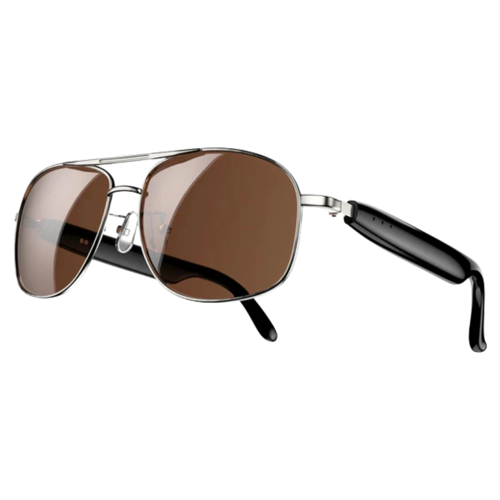 Blackview D1 Pro Gafas Inteligentes Silver con montura metálica plateada, lentes marrones tipo aviador y patillas negras gruesas con bisagras robustas
