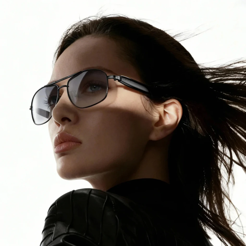 Blackview D1 Pro Gafas Inteligentes Black con montura negra elegante, lentes grises degradados y puente metálico delgado; diseño moderno y ligero