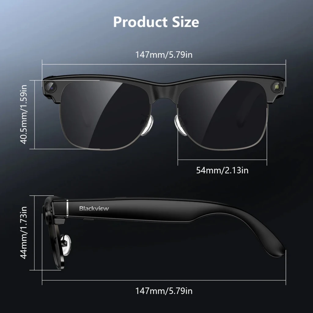 Blackview BV200 AI Gafas Inteligentes Sol con lentes oscuras, montura negra clásica, cámara 8MP lateral, grabación 2K, medidas 147 mm ancho y 44 mm patilla