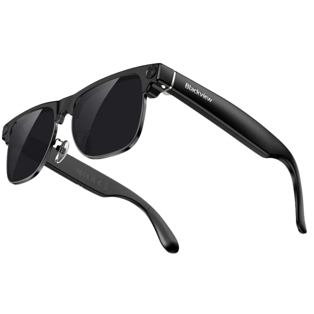 Blackview BV200 AI Gafas Inteligentes Sol Cámara 8MP 2K con montura negra clásica, lentes polarizadas oscuras y cámara integrada discreta en la bisagra