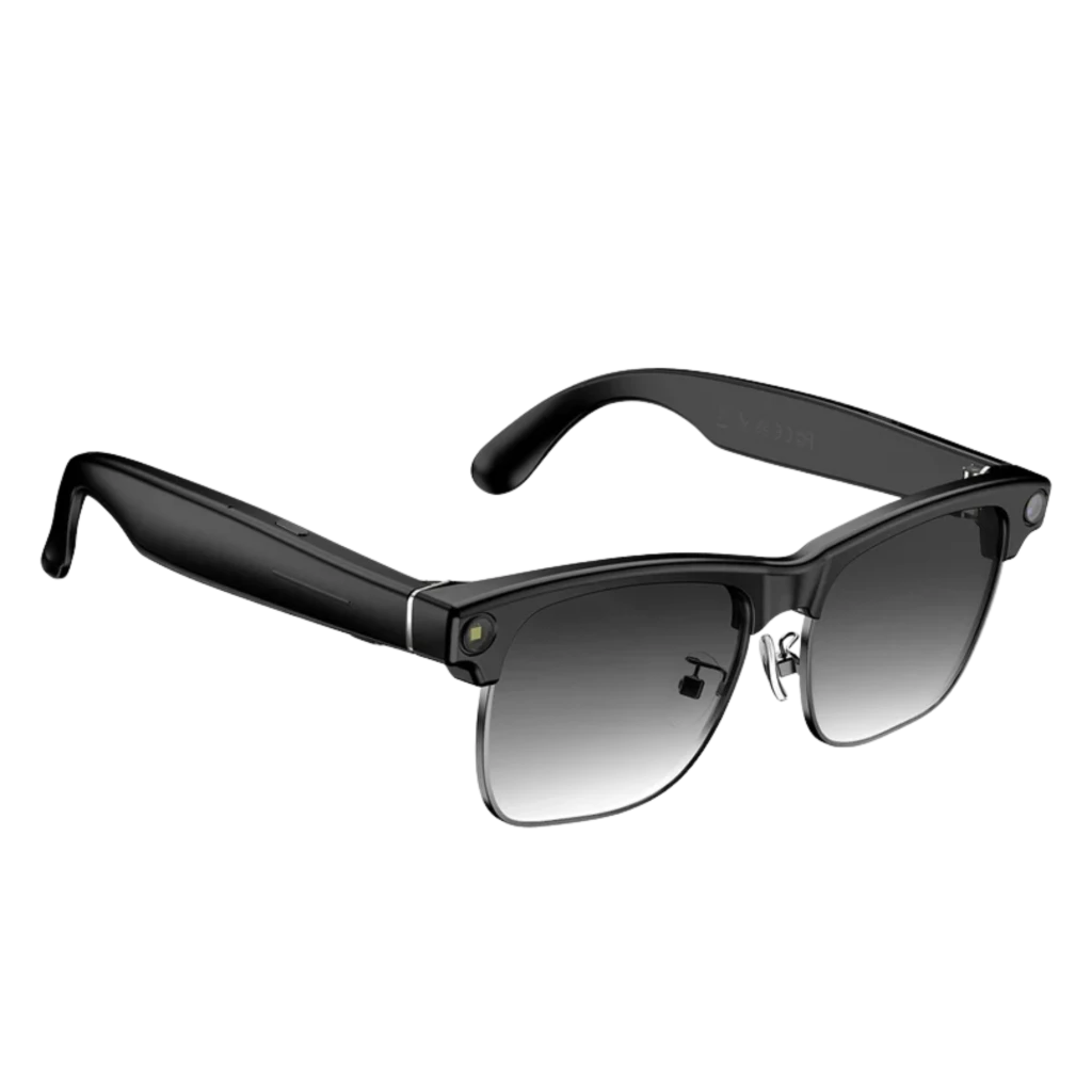 Blackview BV200 Gafas inteligentes negras con montura clásica, lentes fotocromáticas degradadas y cámara Sony 4K integrada en la bisagra izquierda