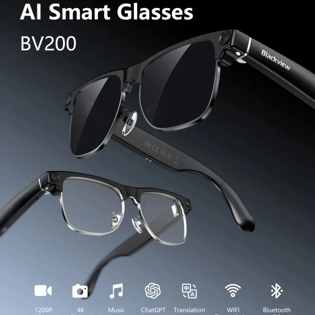 Blackview BV200 Gafas Inteligentes fotocromáticas con cámara Sony 4K, montura negra clásica, lentes intercambiables, conectividad Bluetooth y WiFi