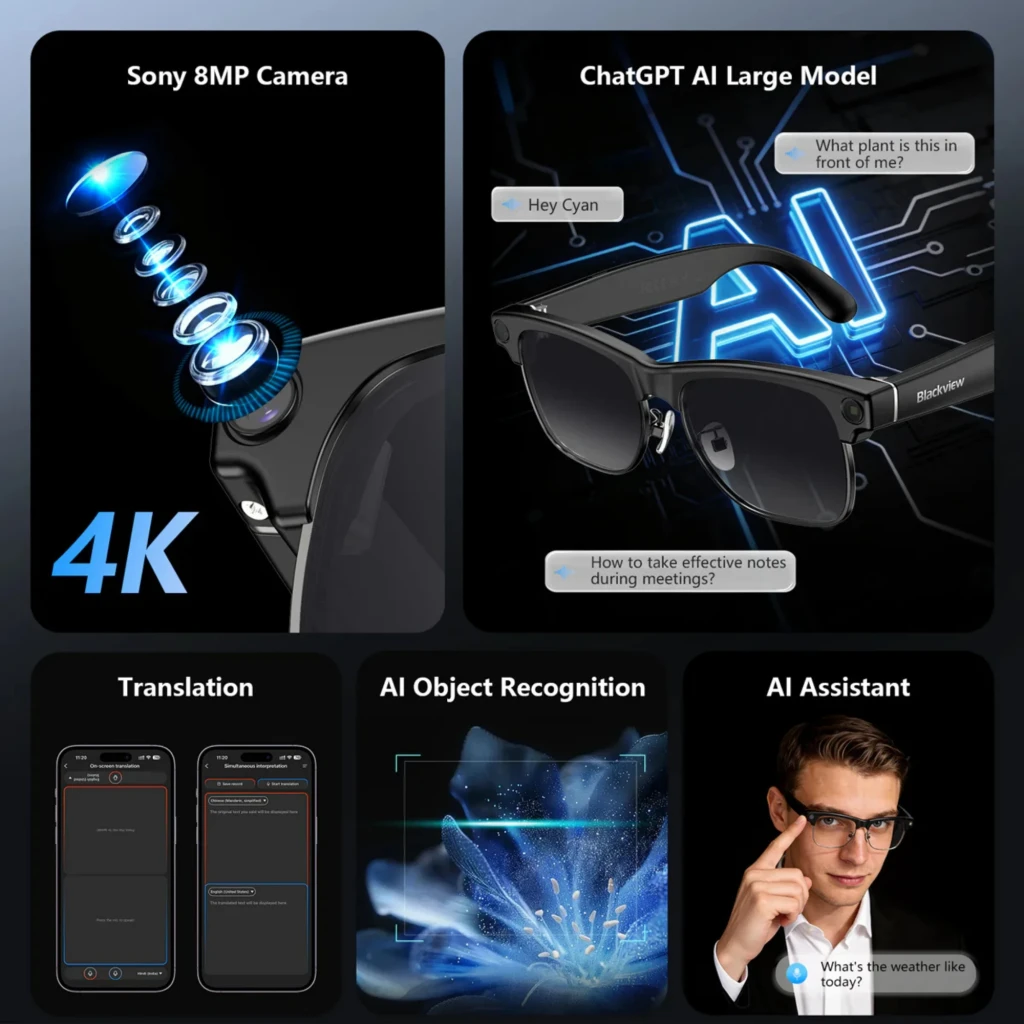 Gafas Blackview BV200 con lentes fotocromáticas, cámara Sony 4K 8MP, micrófono dual, reconocimiento de objetos, traducción y asistente de IA