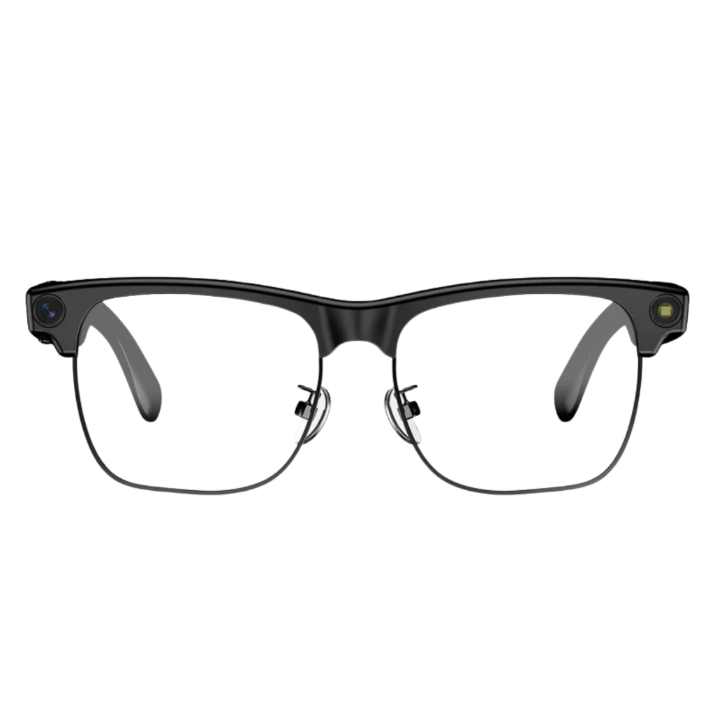 Blackview BV200 Gafas Inteligentes Fotocromáticas con montura negra, lentes transparentes, cámara Sony 4K en ambas esquinas y diseño ligero y moderno