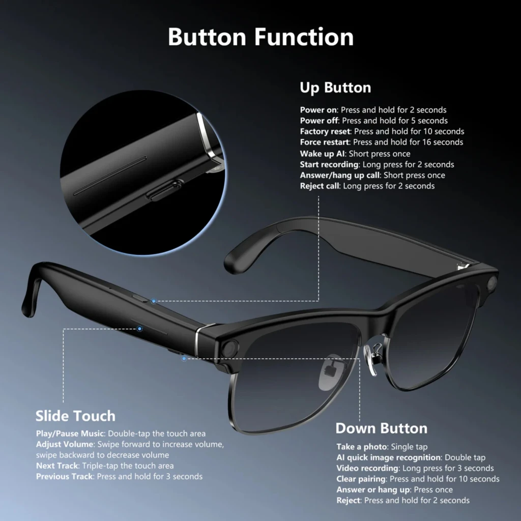 Gafas Blackview BV200 con lentes fotocromáticas, cámara Sony 4K integrada, controles táctiles y botones laterales, diseño negro clásico y montura robusta