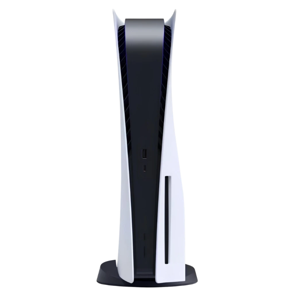 Consola PS5 Slim blanca con ranura de discos y paneles curvos, luces azules sutiles y base vertical; diseño moderno y compacto, 1 TB, renovado excelente estado