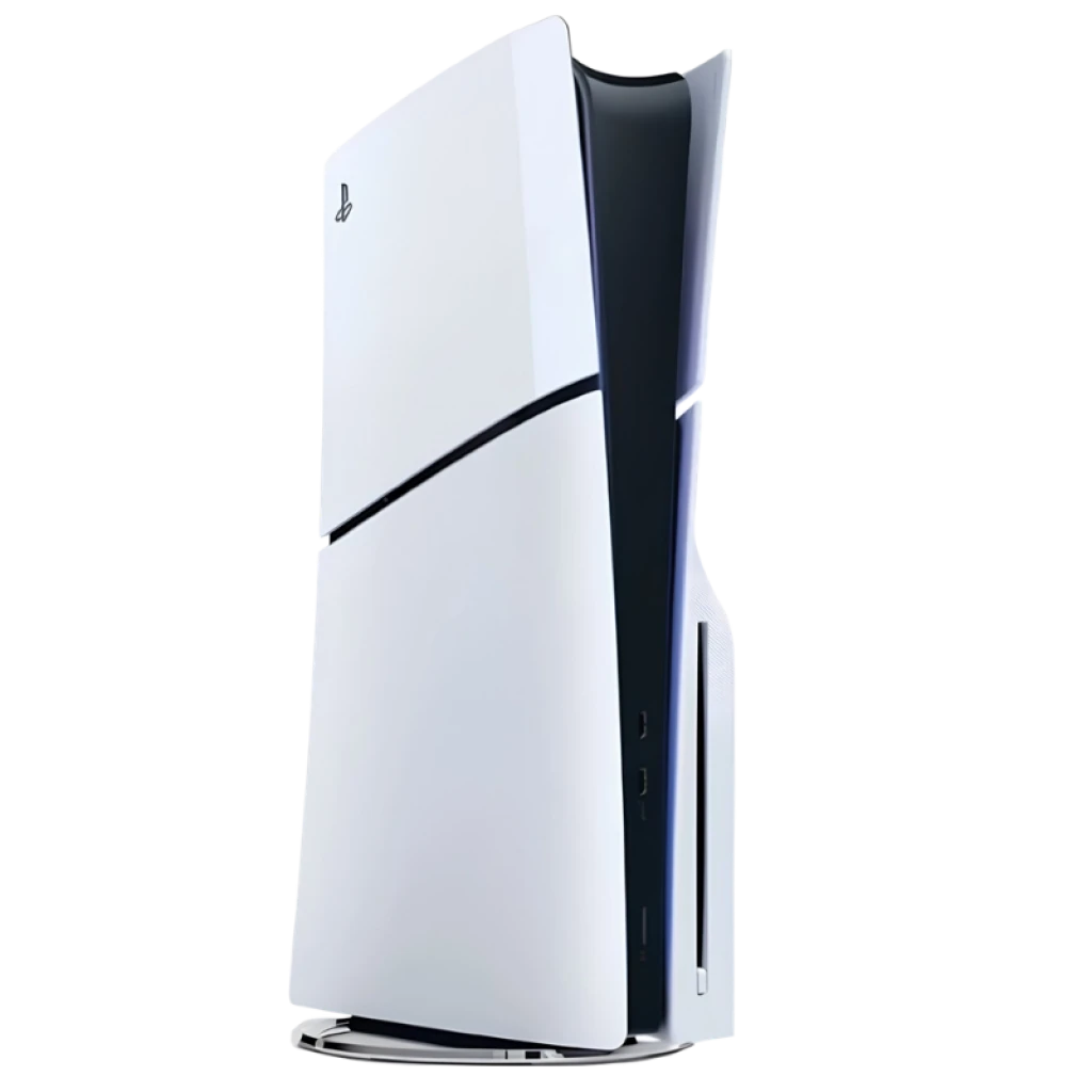 Consola PS5 Slim blanca con unidad de disco, diseño vertical estilizado, paneles blancos y centro negro. Modelo 1 TB estándar renovado en excelente estado