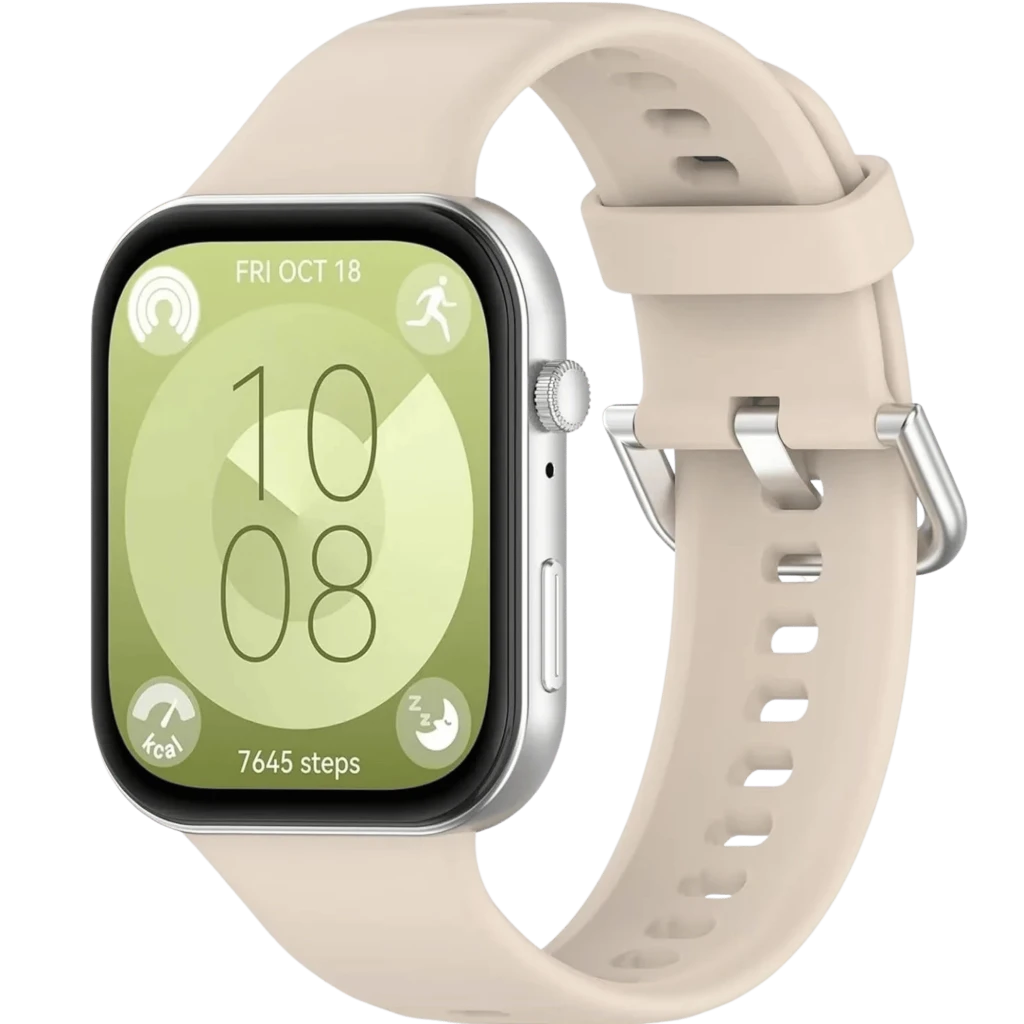 Correa de silicona Huawei Watch Fit 5 / 5 Pro Beige, suave y ajustable, cierre metálico plateado, perforaciones para ventilación, compatible con caja