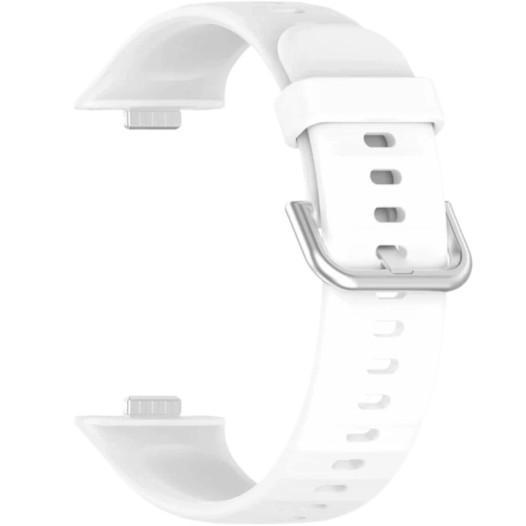 Correa de silicona blanca para Huawei Watch Fit 5 y 5 Pro, hebilla metálica plateada, diseño ventilado con orificios ajustables, bordes curvos y cierre seguro