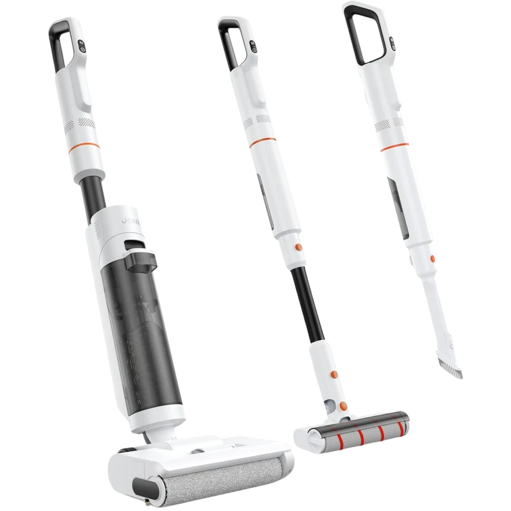 JONR ED20 Pro 3 en 1 sin cable, cuerpo blanco con detalles naranjas, depósito transparente, cabezal ancho, rodillo motorizado y boquilla estrecha con cepillo